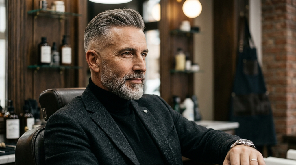 Distinguished mature man with a professional modern fade haircut in a high-end barbershop setting.