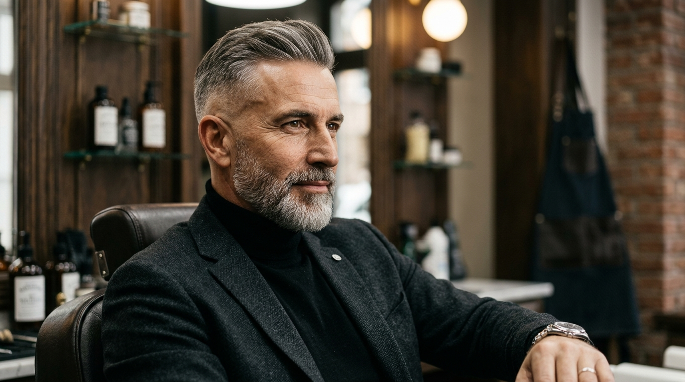 Distinguished mature man with a professional modern fade haircut in a high-end barbershop setting.