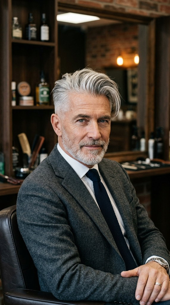 Thick silver hair with a temple fade and brushed-back styling.