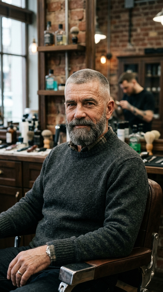 Shadow fade buzz cut blended into a well-groomed beard for mature men.