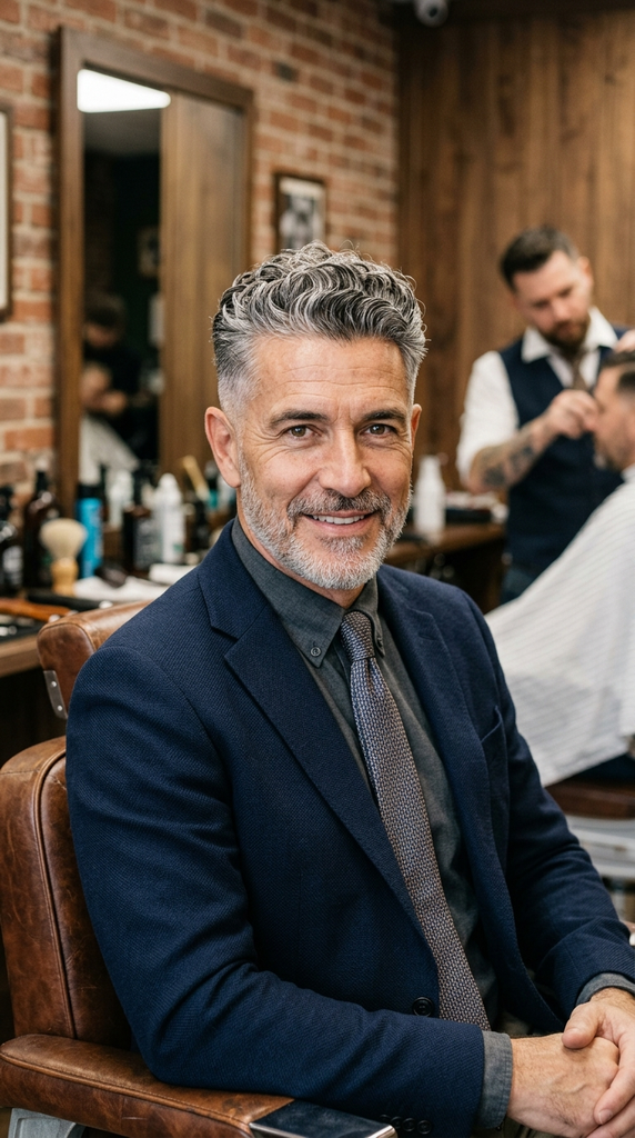 Curly mid fade haircut for men over 50 with salt-and-pepper hair.