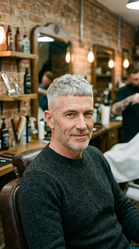 French crop fade haircut designed to cover a receding hairline.