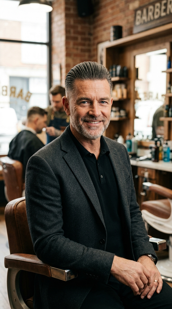Slicked-back taper fade with a modern matte finish on a mature man.